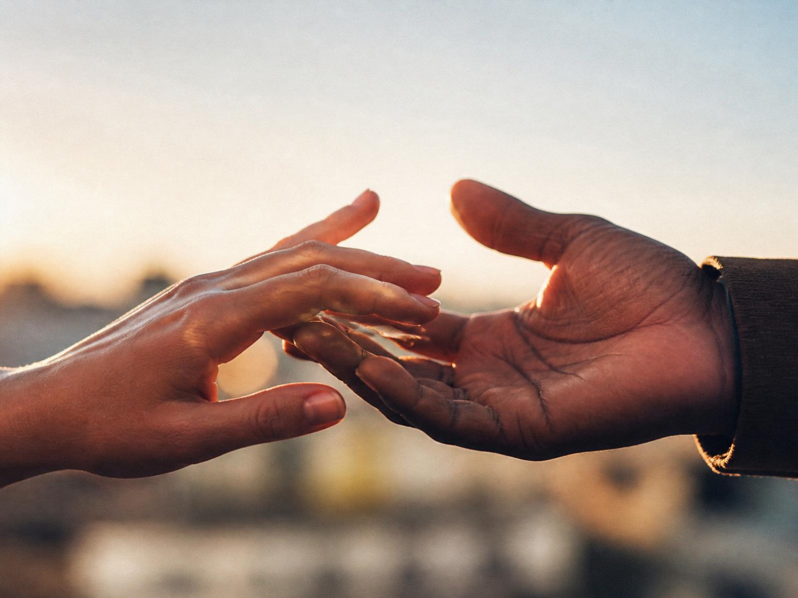 Two hands reaching toward each other in warm golden light