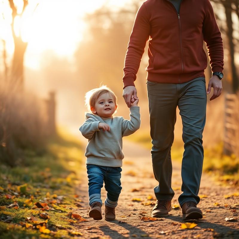 A father holding his young son's hand at sunrise