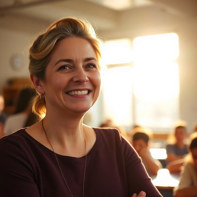 A smiling teacher in a sunlit classroom
