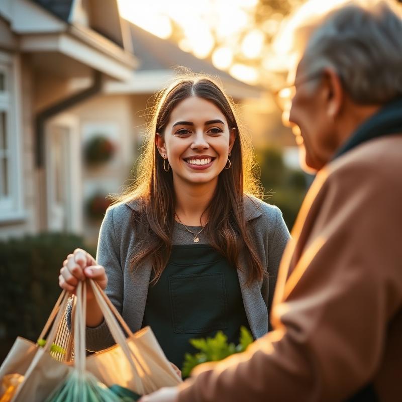 A young woman handing groceries to an elderly neighbour